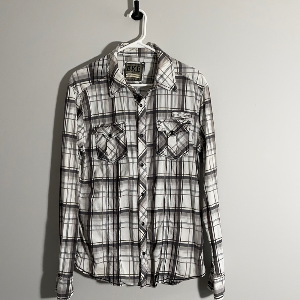 Bke snap button down long sleeve medium white grey